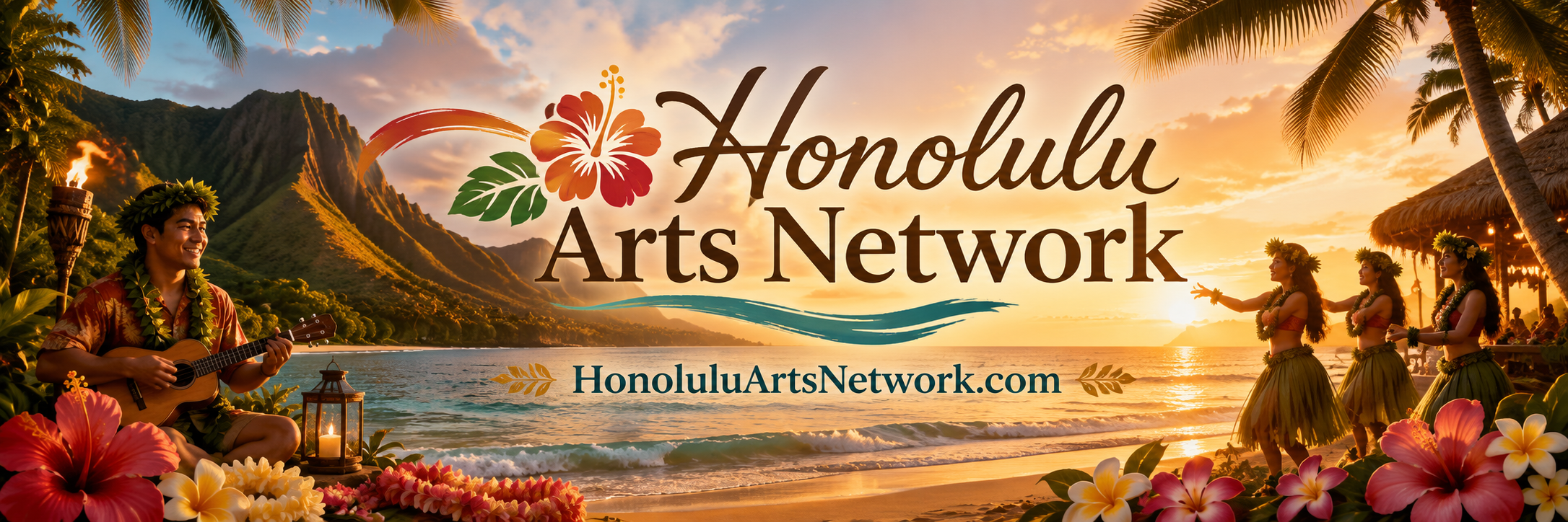 Honolulu Arts Network banner featuring an ocean sunset, Hawaiian mountains, tropical flowers, hula dancers, a ukulele musician, and the website address HonoluluArtsNetwork.com